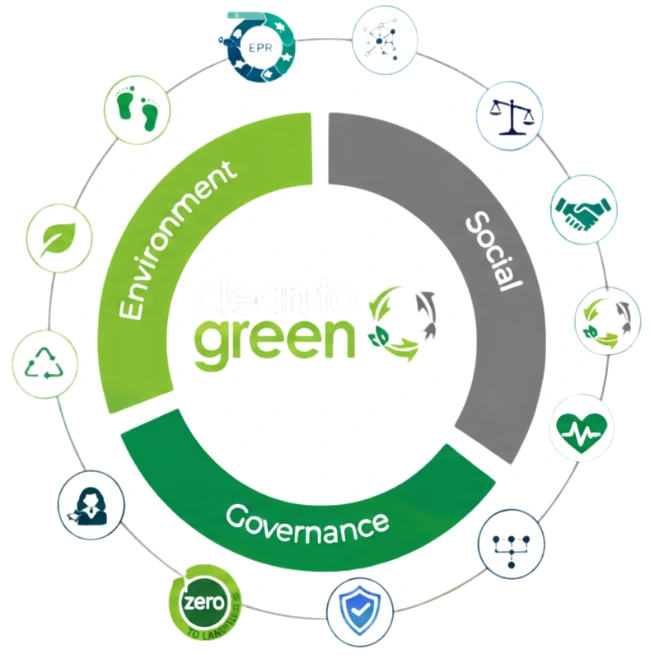 The C2G ESG wheel - Environment, Social and Governance, surrounded by the twelve KPIs we report against